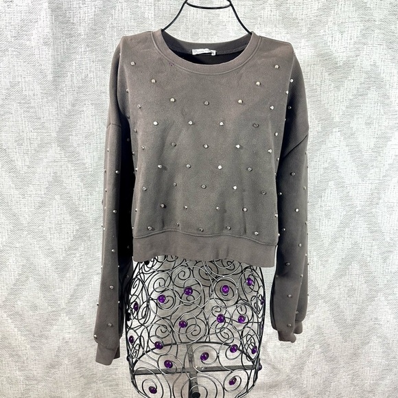 Zara Taupe suede cropped silver studded sweater size M - Picture 1 of 9